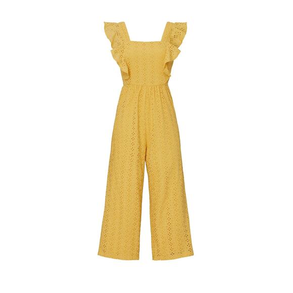 MinkPink My Friend Yellow Eyelet Wide Leg Flutter Sleeve Crop Jumpsuit Size L - Picture 5 of 14